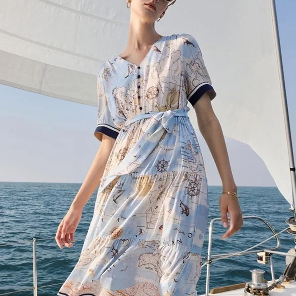 World map silk dress NWT